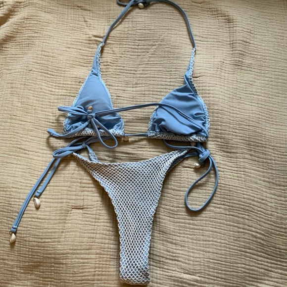 New Blue Mermaid Netted Shell Vintage Tie Cheeky Bikini Set - Picture 2 of 3